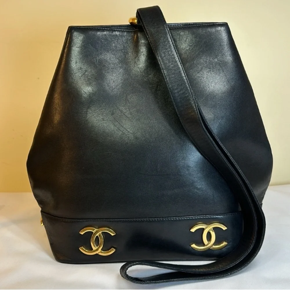 CHANEL CC Calfskin Shoulder Bucket Bag 24K Goldplated.